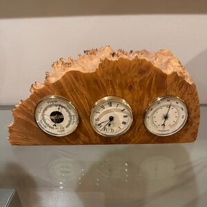 Charles Elkan Rustic Burl Wood Three Dial Clock And Weather Station